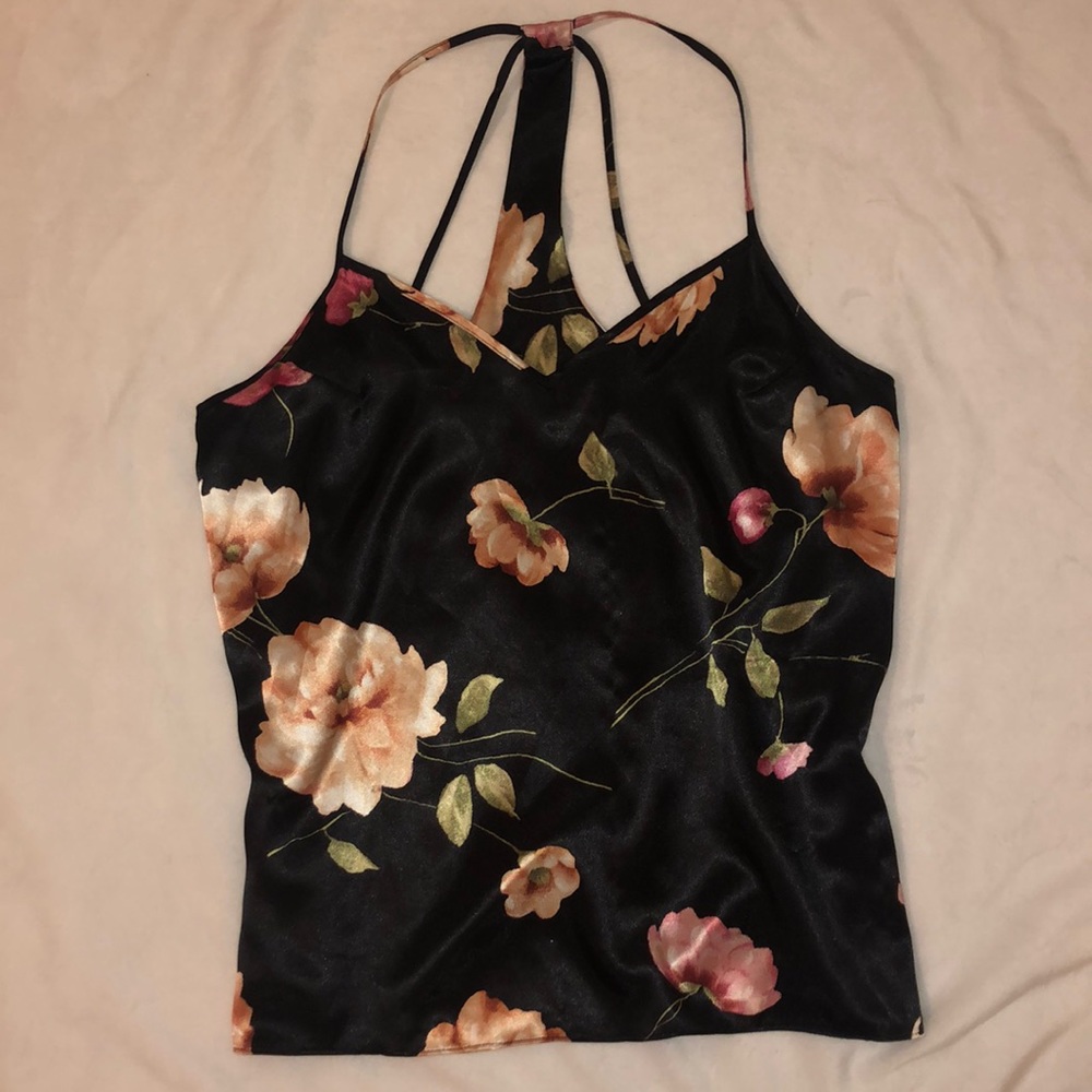 silk black v-neck top with floral design